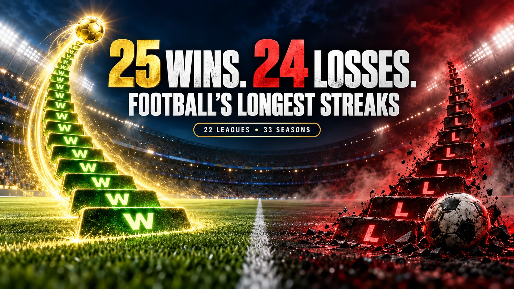 Football stadium divided between a staircase of 25 consecutive wins and a staircase of 24 consecutive losses