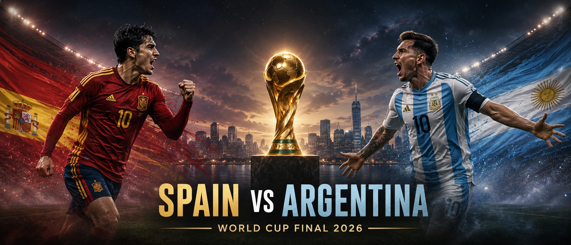 Spain and Argentina flags beside the World Cup trophy ahead of the 2026 final