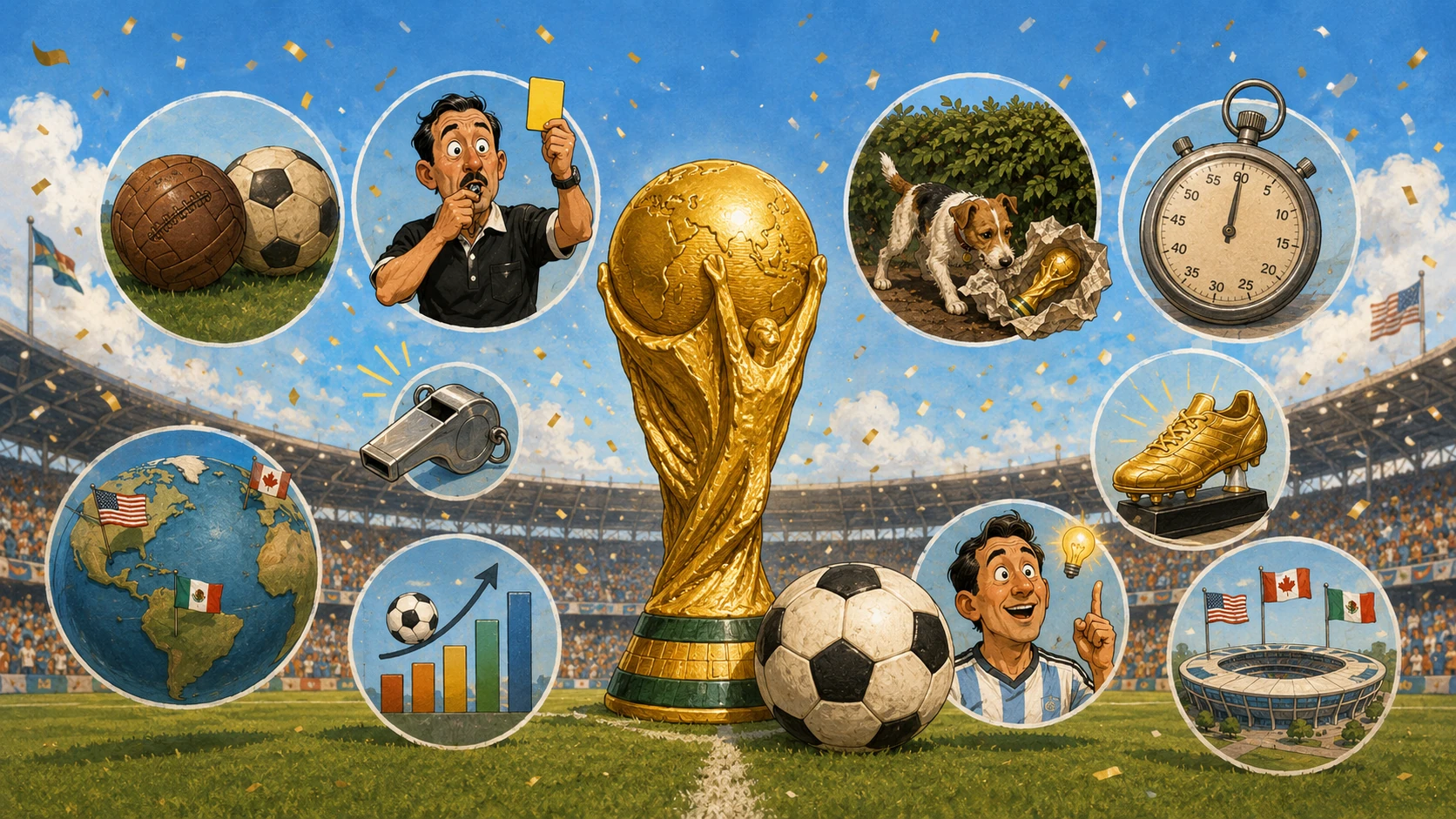 Dark navy graphic with the text 15 World Cup Facts above a football on a world map