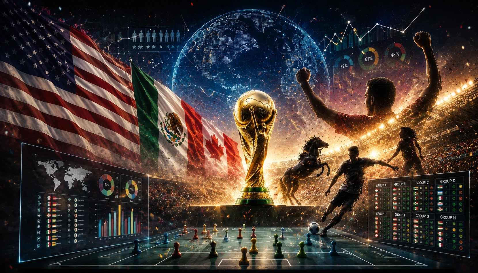 Dark navy graphic showing the words World Cup 2026 Predictions with team flags and probability figures
